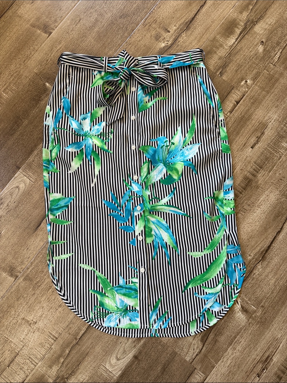 Ralph Lauren Black & White Striped Skirt with Blue Green Floral Print 0 NWT